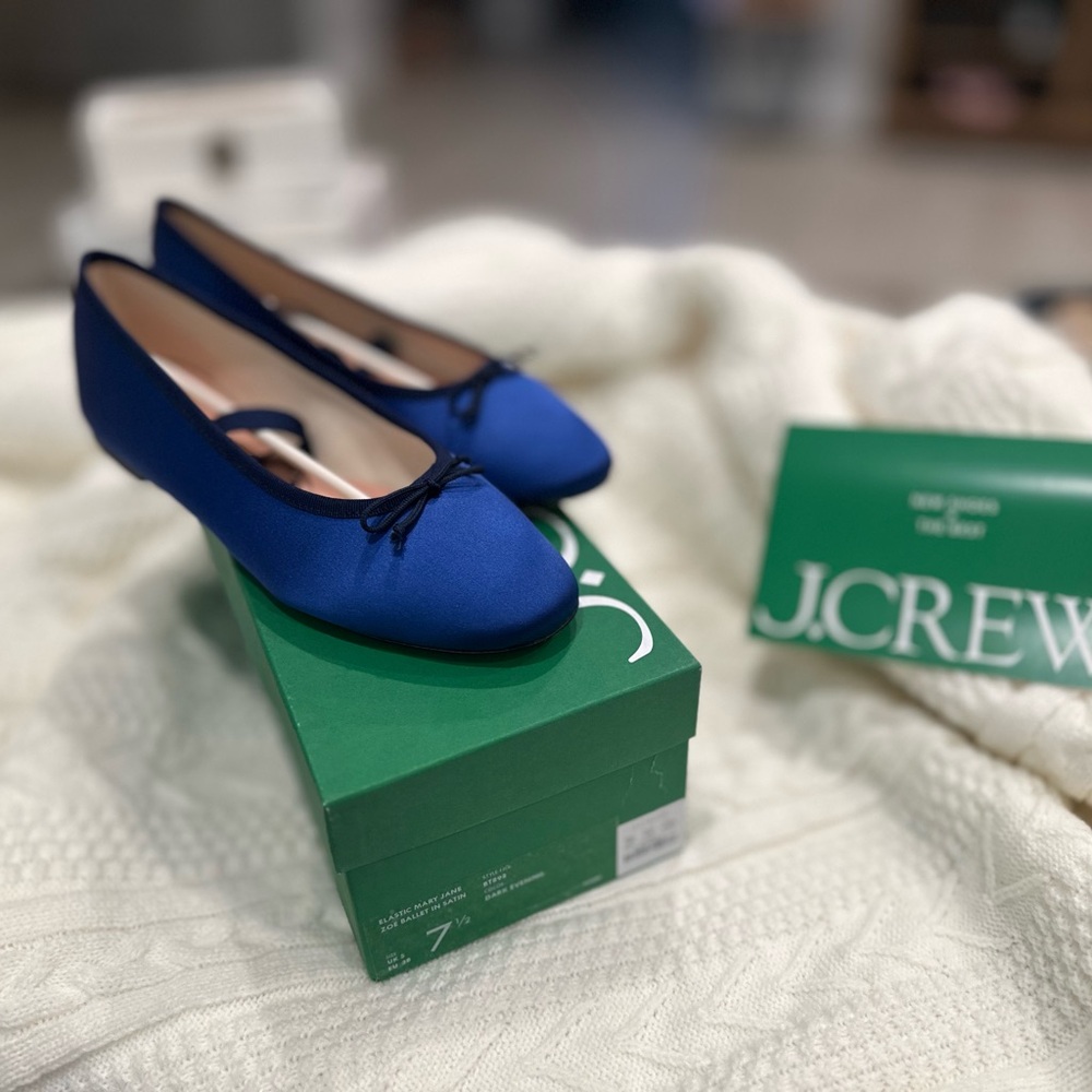 Blue J Crew Zoe strappy Mary Jane ballet flat in satin. Size 7 1/2
